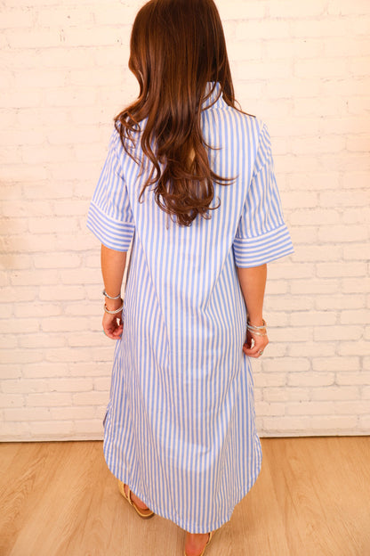 Blue & White Striped Button Front Midi Dress