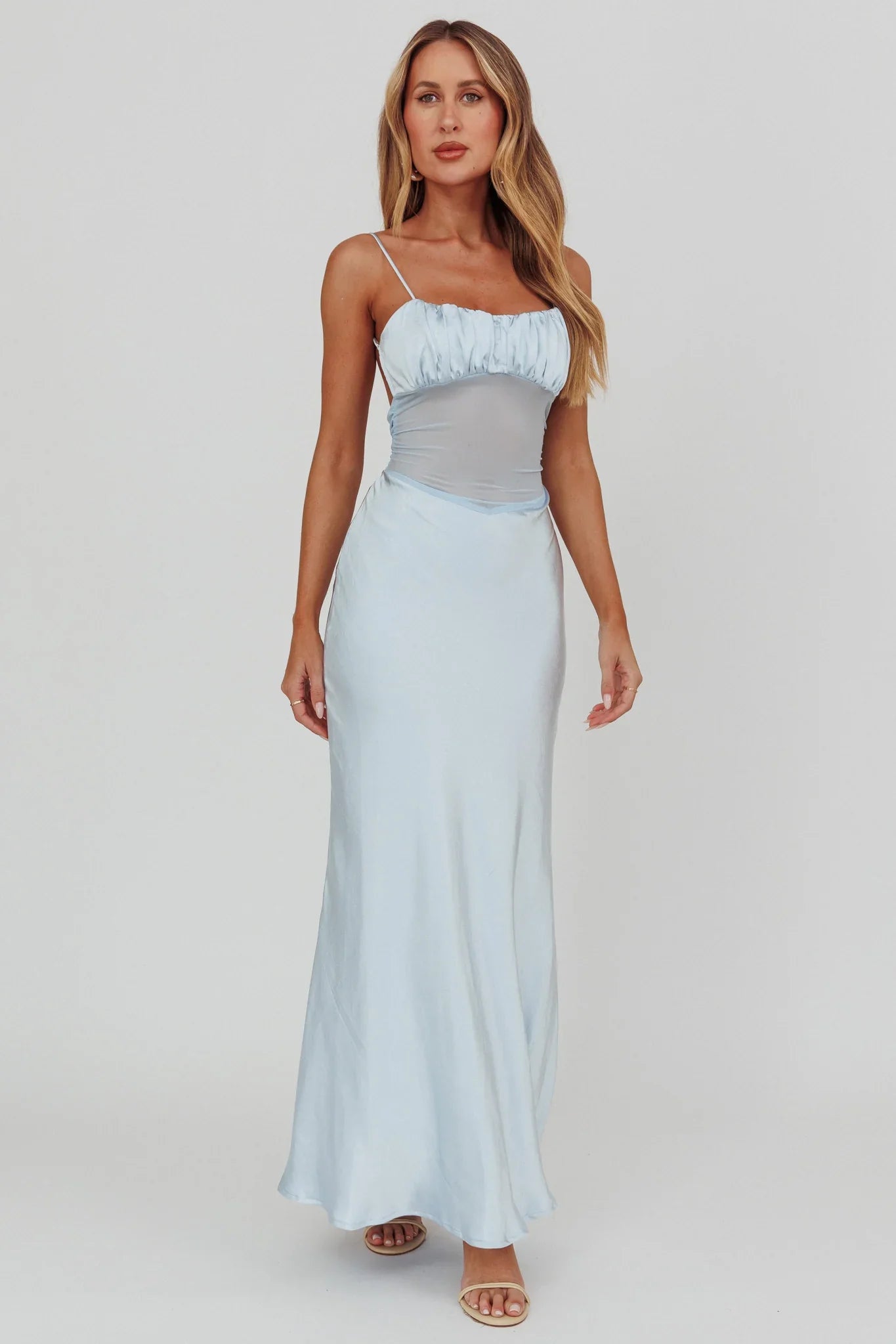 Nerida Sheer Waist Back Twist Maxi Dress Blue