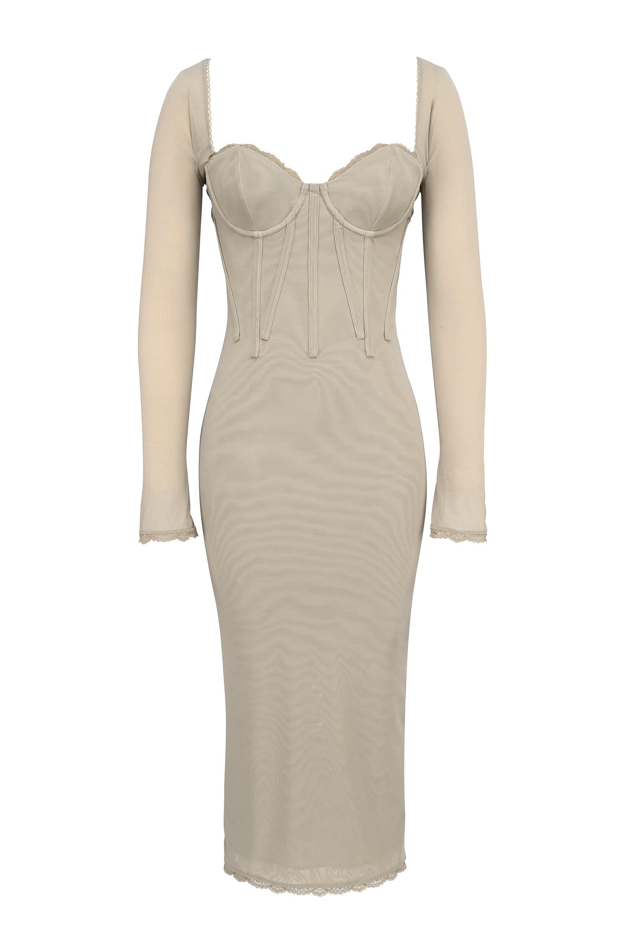 beige mesh long sleeve bodycon midi dress