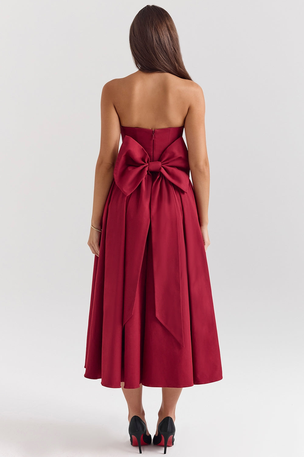berry strapless detachable bow midi dress