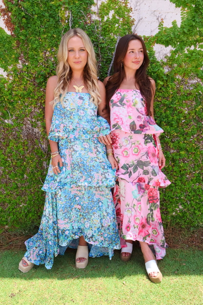 Blue Floral Tiered Ruffle Maxi Dress