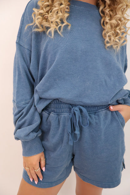French Terry Pullover and Short Set - Blue Denim