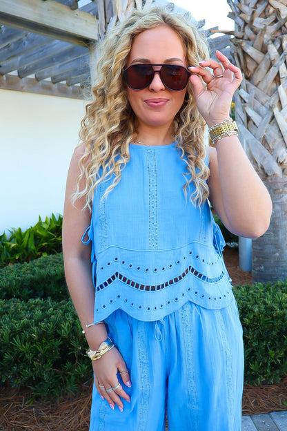 Coastal Blue Eyelet Wide Leg Set
