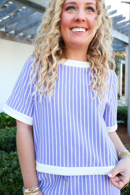 Periwinkle Stripe Contrast Trim Short Set