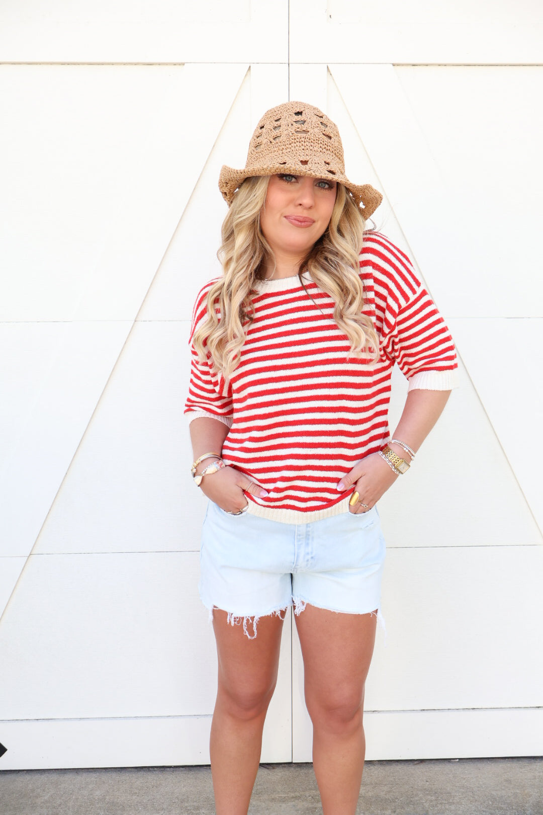Red & White Stripe Button Back Top