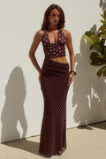 VALERIA HALTER CUTOUT MAXI DRESS - CHOC/LEMON POLKA