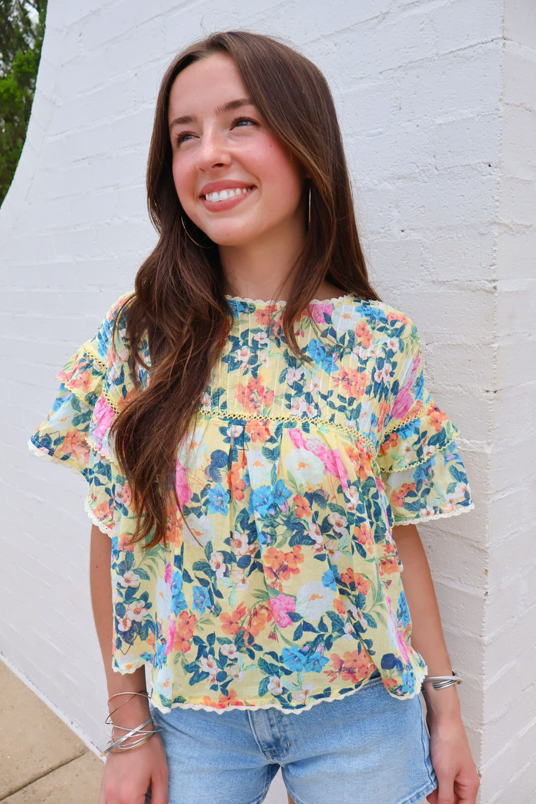 Yellow Garden Floral Ruffle Sleeve Top