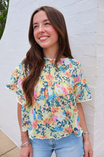 Yellow Garden Floral Ruffle Sleeve Top