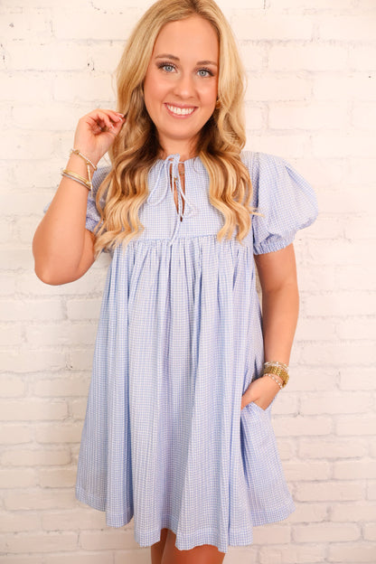 Gingham Babydoll Dress - Blue