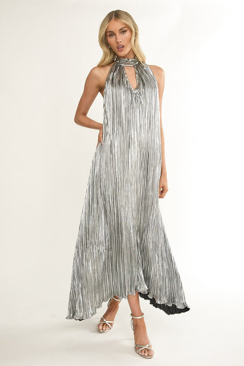 Aurea Halterneck Crepe Maxi Dress Silver