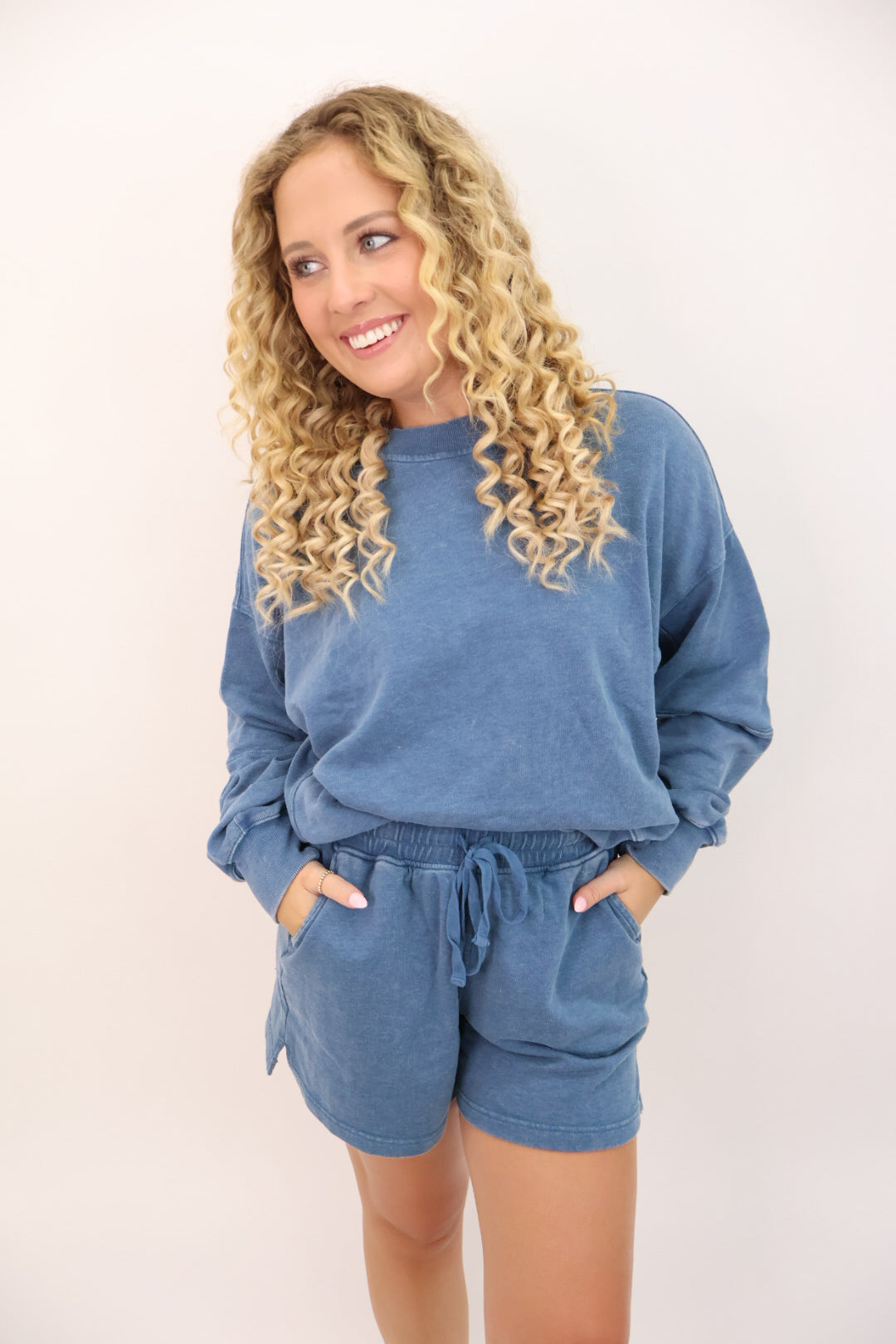 French Terry Pullover and Short Set - Blue Denim