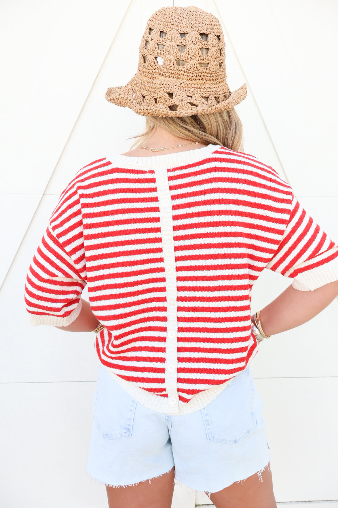 Red & White Stripe Button Back Top