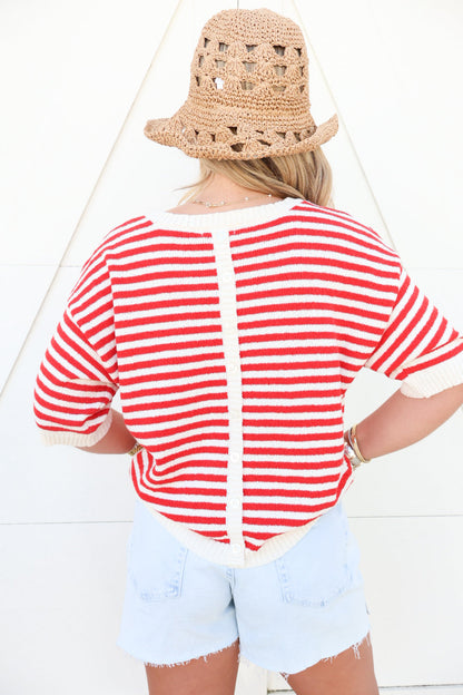 Red & White Stripe Button Back Top
