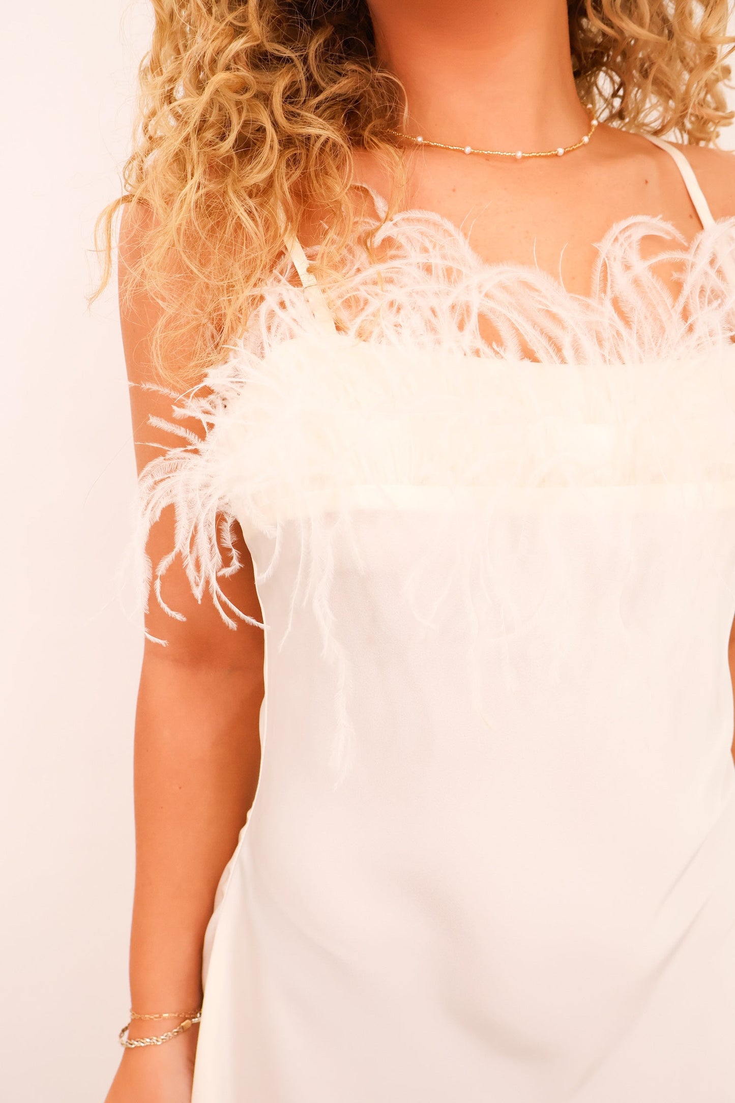 Ivory Feather Trim Slip Dress