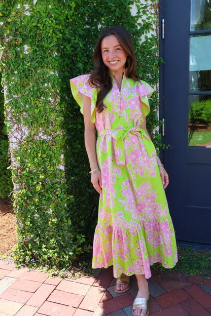 Eyelet Floral Belted Midi Dress - Lime Green