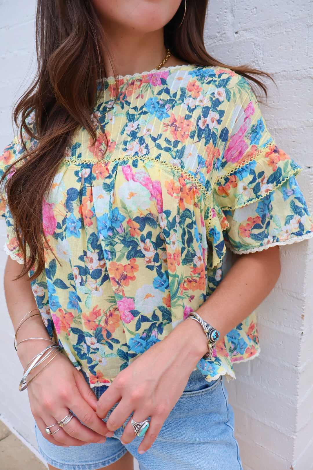 Yellow Garden Floral Ruffle Sleeve Top