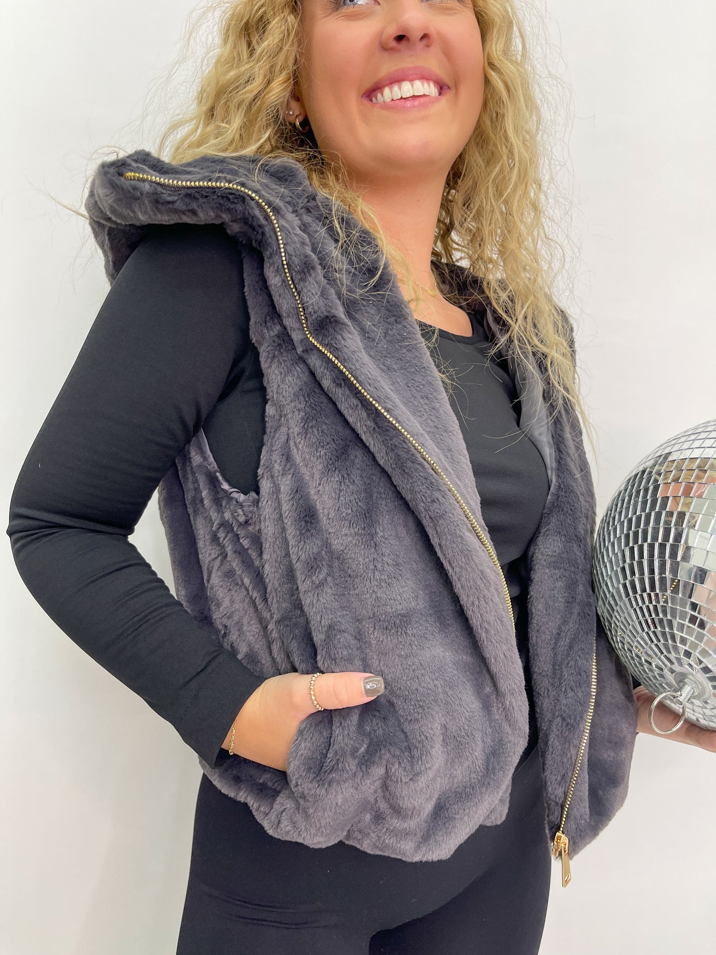 Faux Fur Hooded Vest - Grey