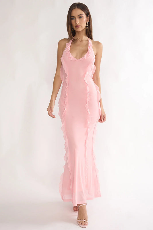 Collins Halter Ruffle Trim Maxi Dress Pink