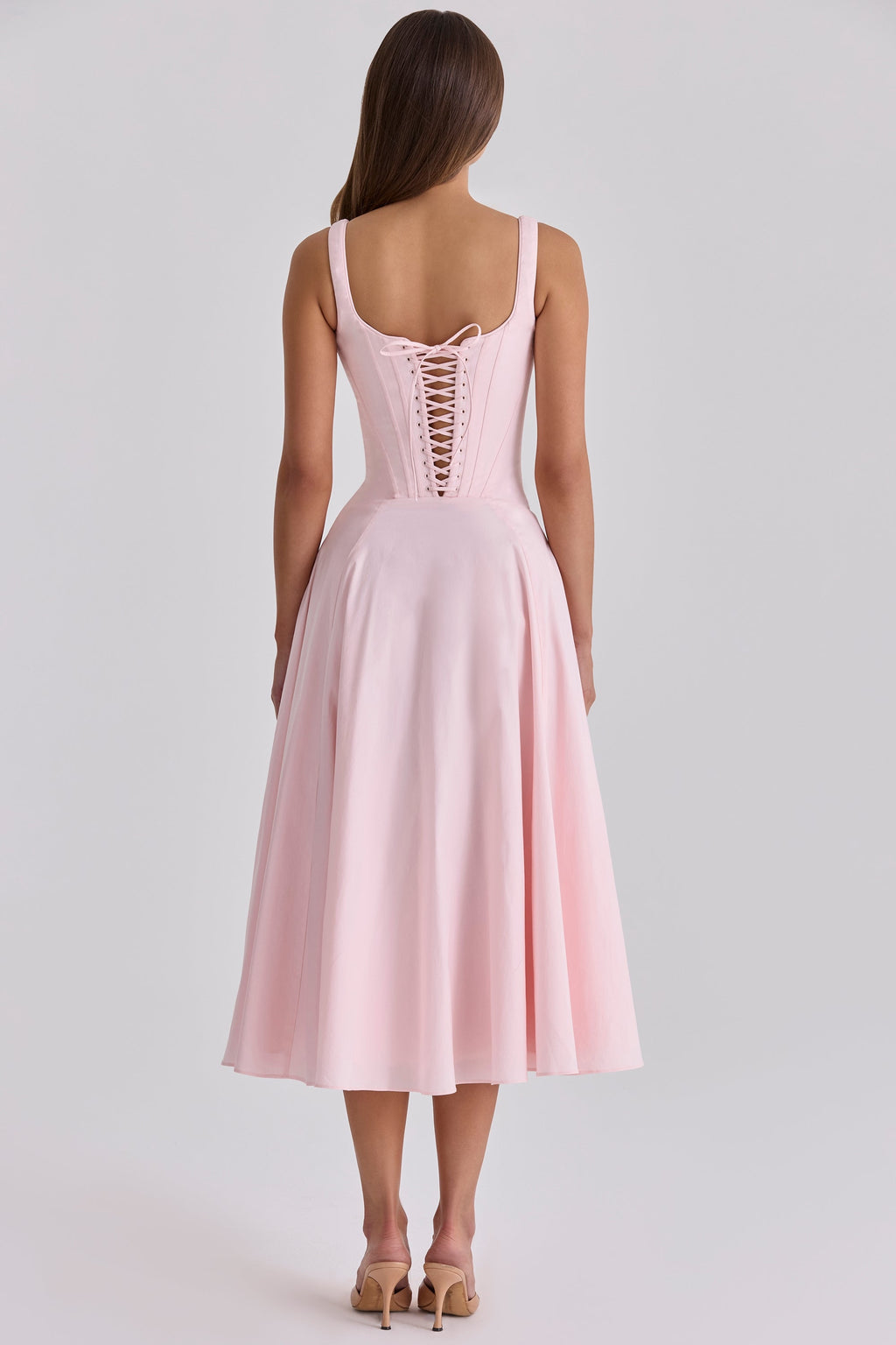 pink cotton lace up midi sundress