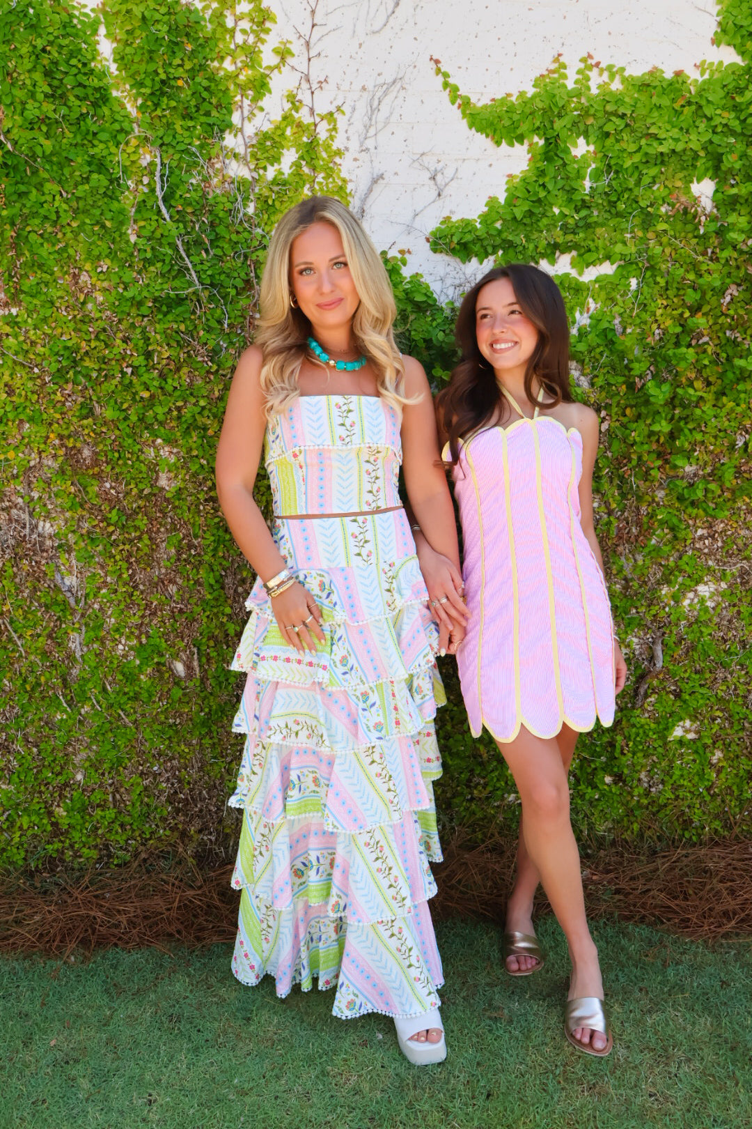Pink + Yellow Scalloped Halter Mini Dress
