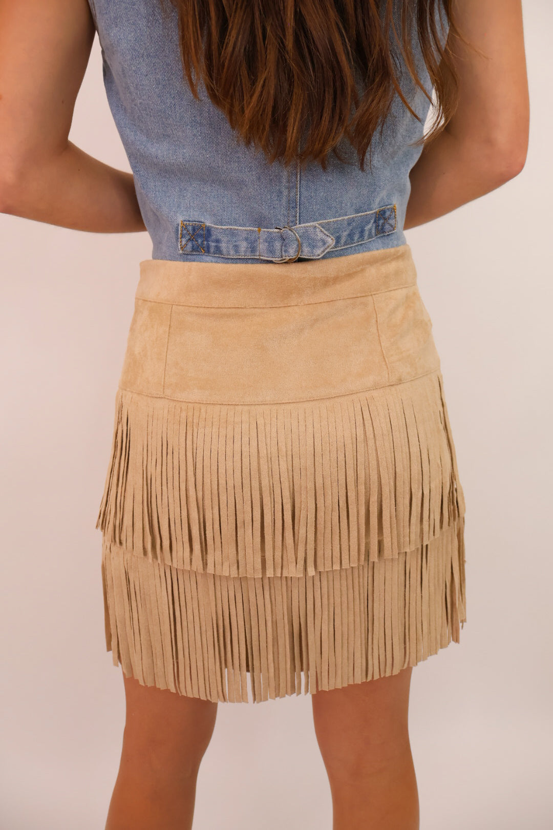 Studded Fringe Suede Skirt - Taupe