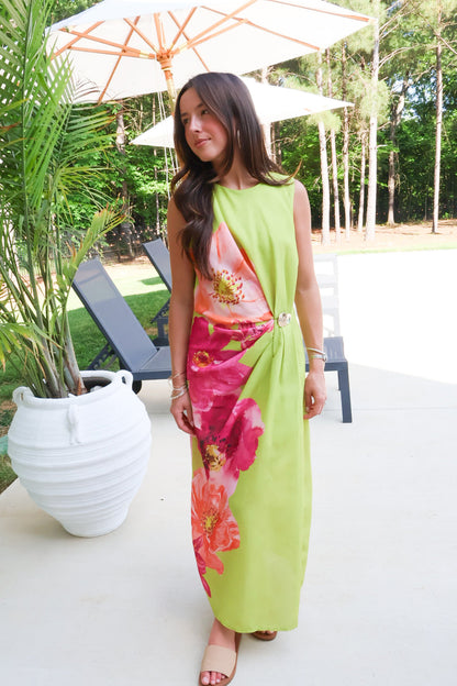 Chartreuse Floral Print Maxi Dress