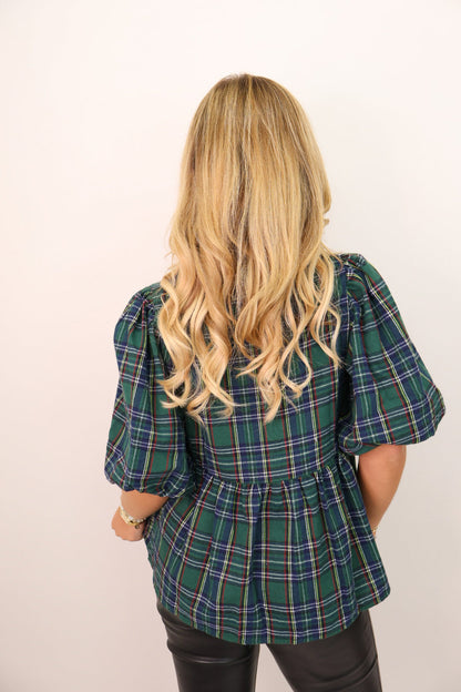 Plaid Babydoll Tie Front Top - Green