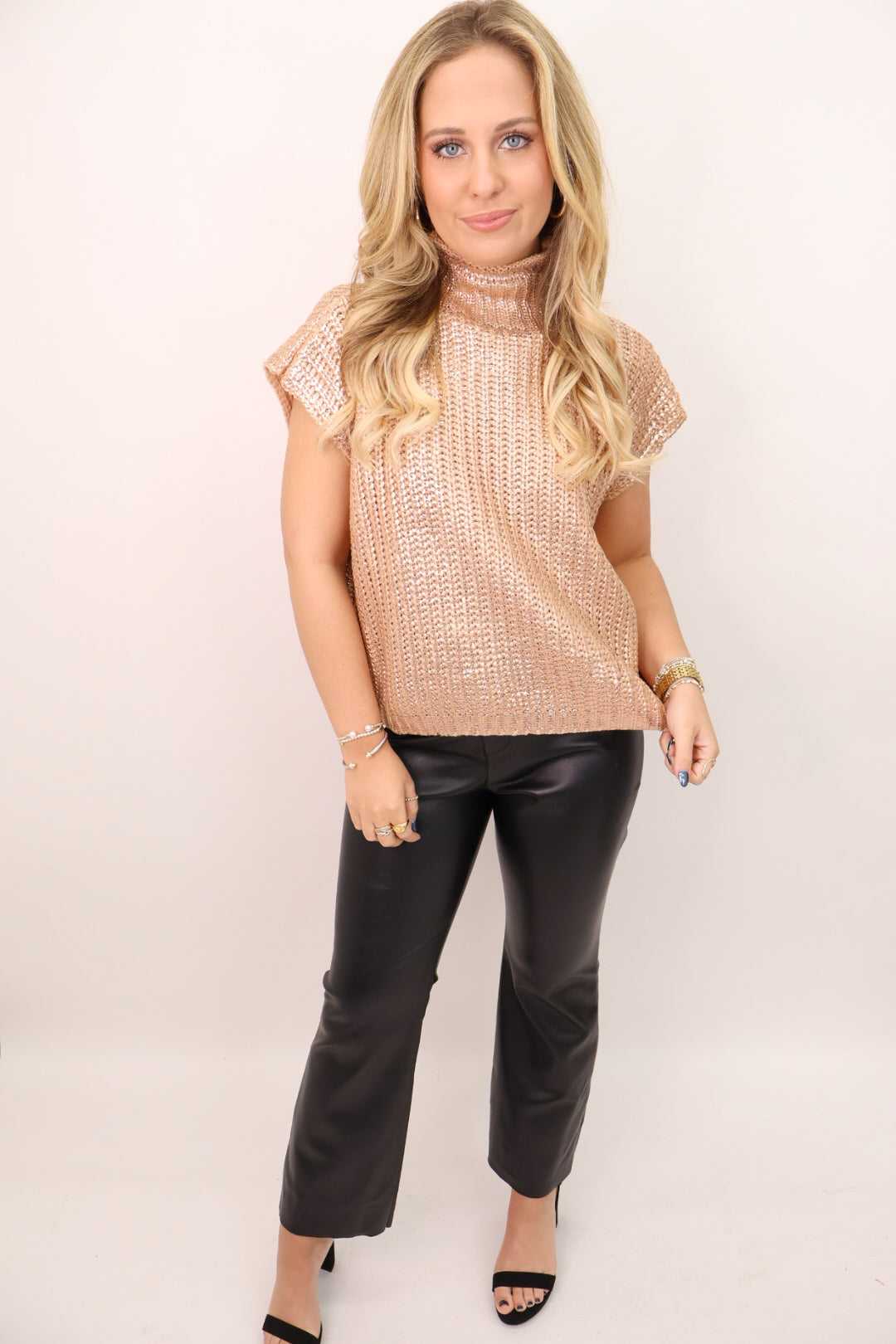 Metallic Foil Mock Neck Sweater- Gold