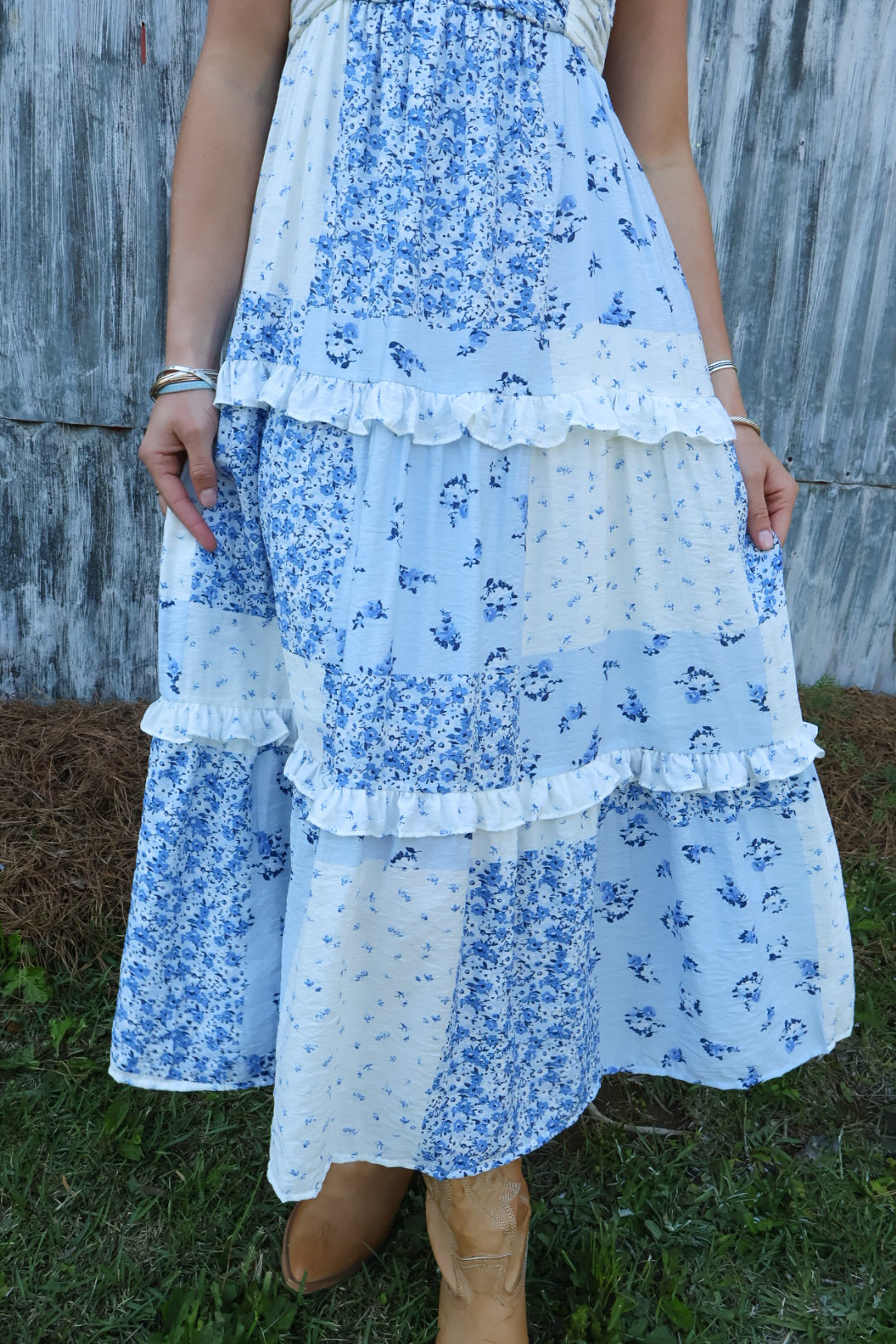 Blue Floral Patchwork Midi Dress