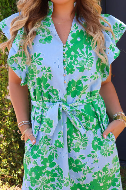 Eyelet Floral Belted Midi Dress - Blue Green