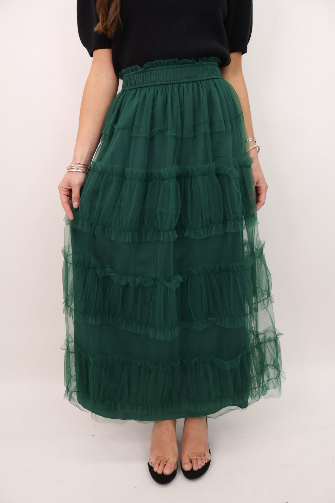 Green Tiered Tulle Midi Skirt