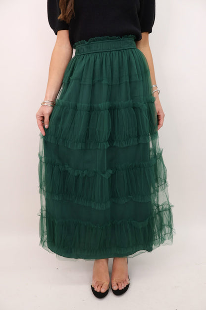 Green Tiered Tulle Midi Skirt
