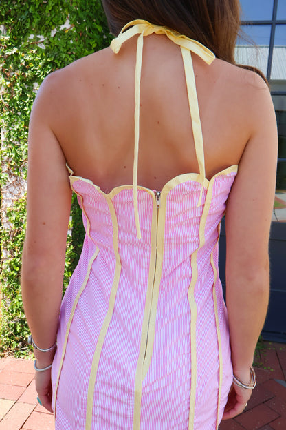 Pink + Yellow Scalloped Halter Mini Dress