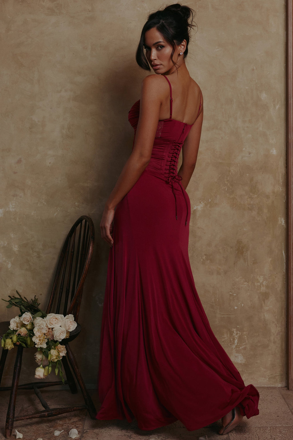 wine lace trim maxi dress + corset