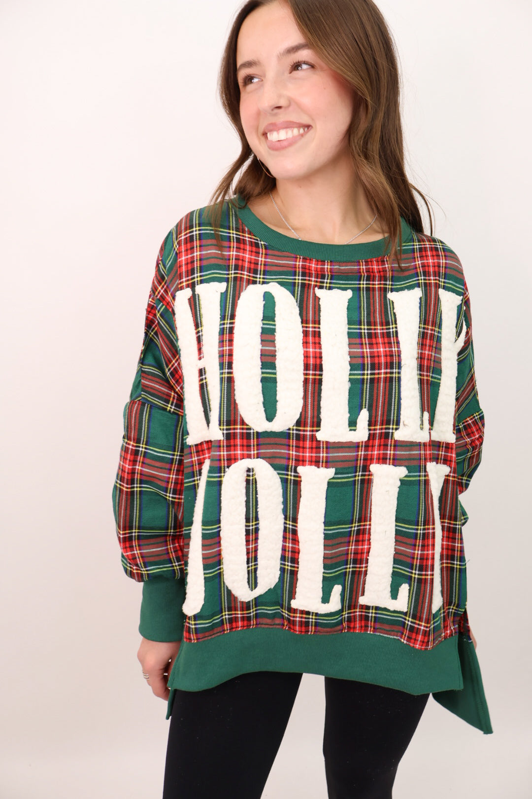 Green Plaid Chenille Patch Holly Jolly Pullover
