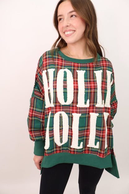 Green Plaid Chenille Patch Holly Jolly Pullover