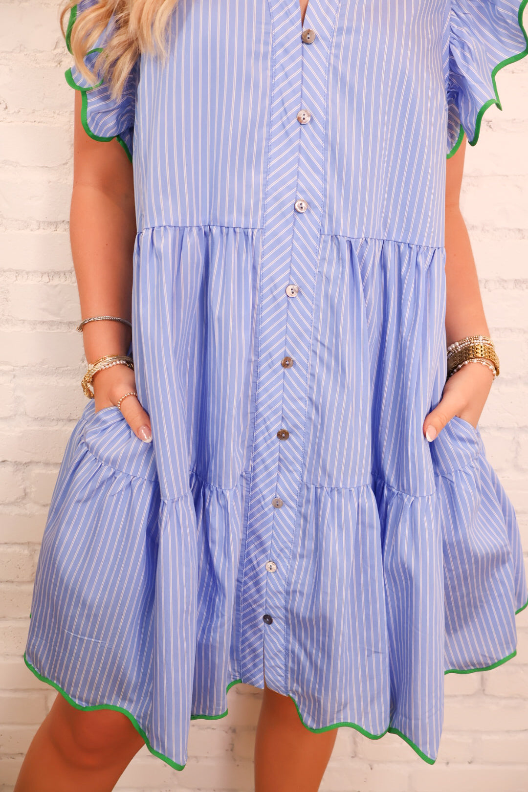 Blue Stripe Ruffle Trim Dress