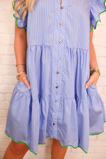 Blue Stripe Ruffle Trim Dress