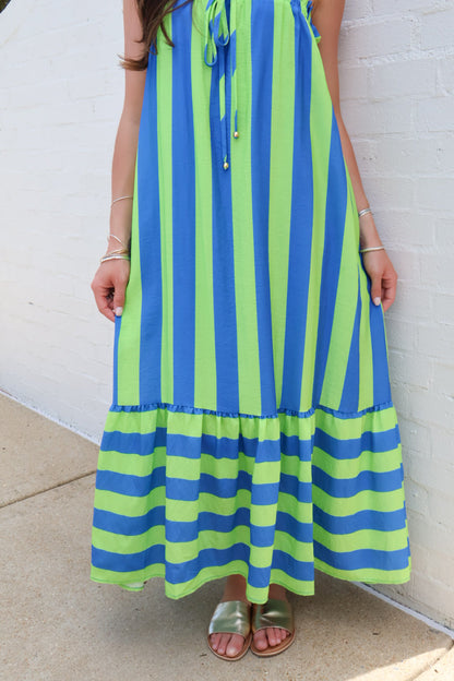 Sunset Stroll Stripe Maxi Dress - Lime + Blue