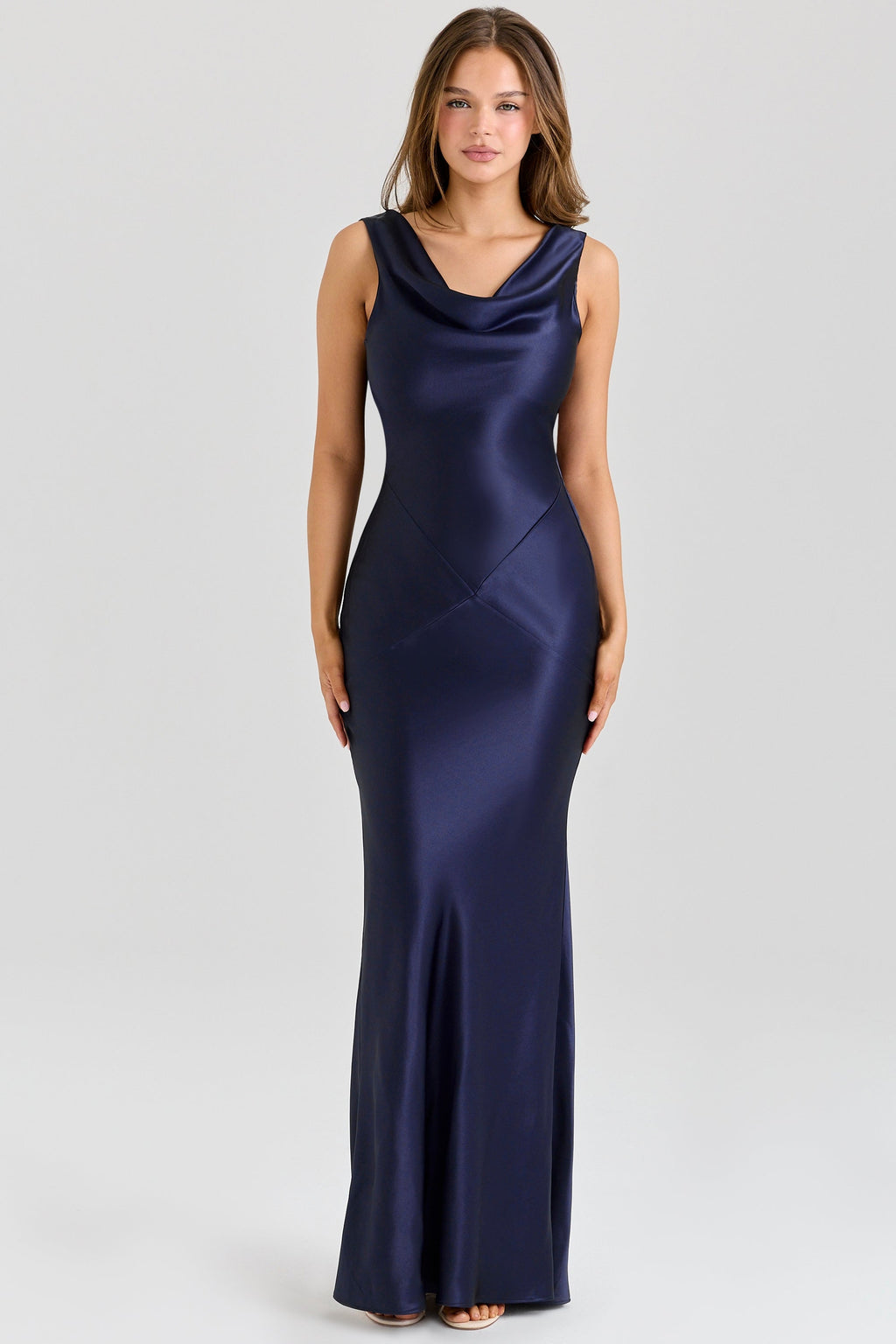 navy satin draped cowl neck maxi dress
