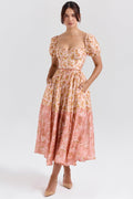 peach poppy print puff sleeve midi sundress