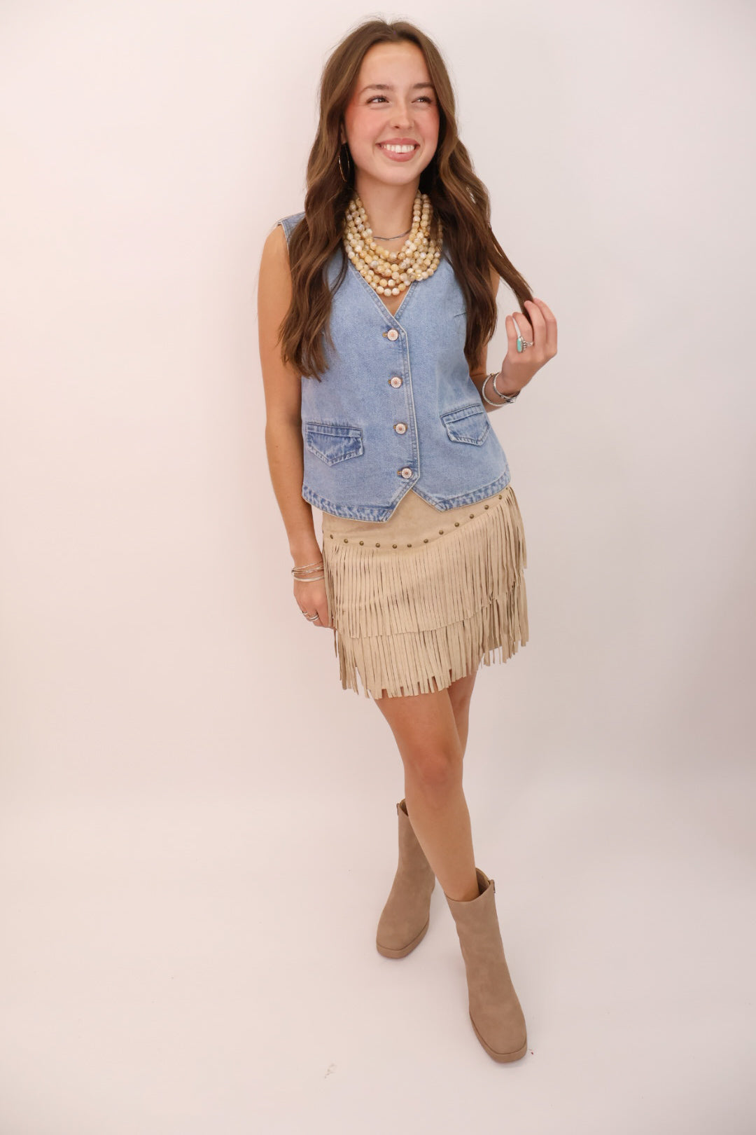 Studded Fringe Suede Skirt - Taupe