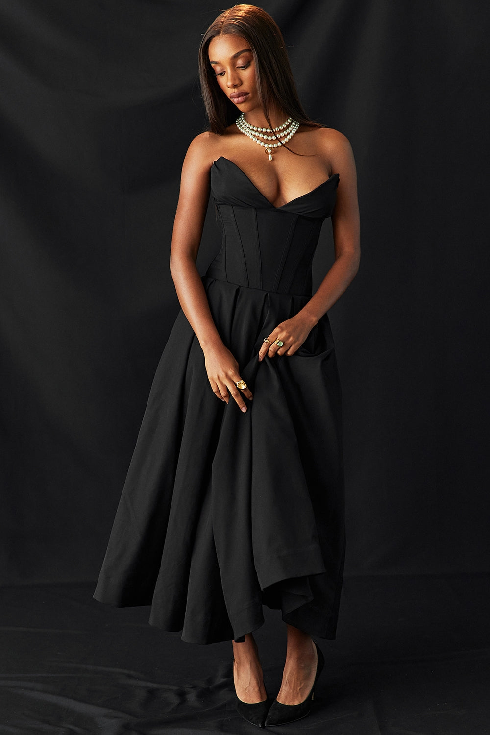 black strapless midi dress