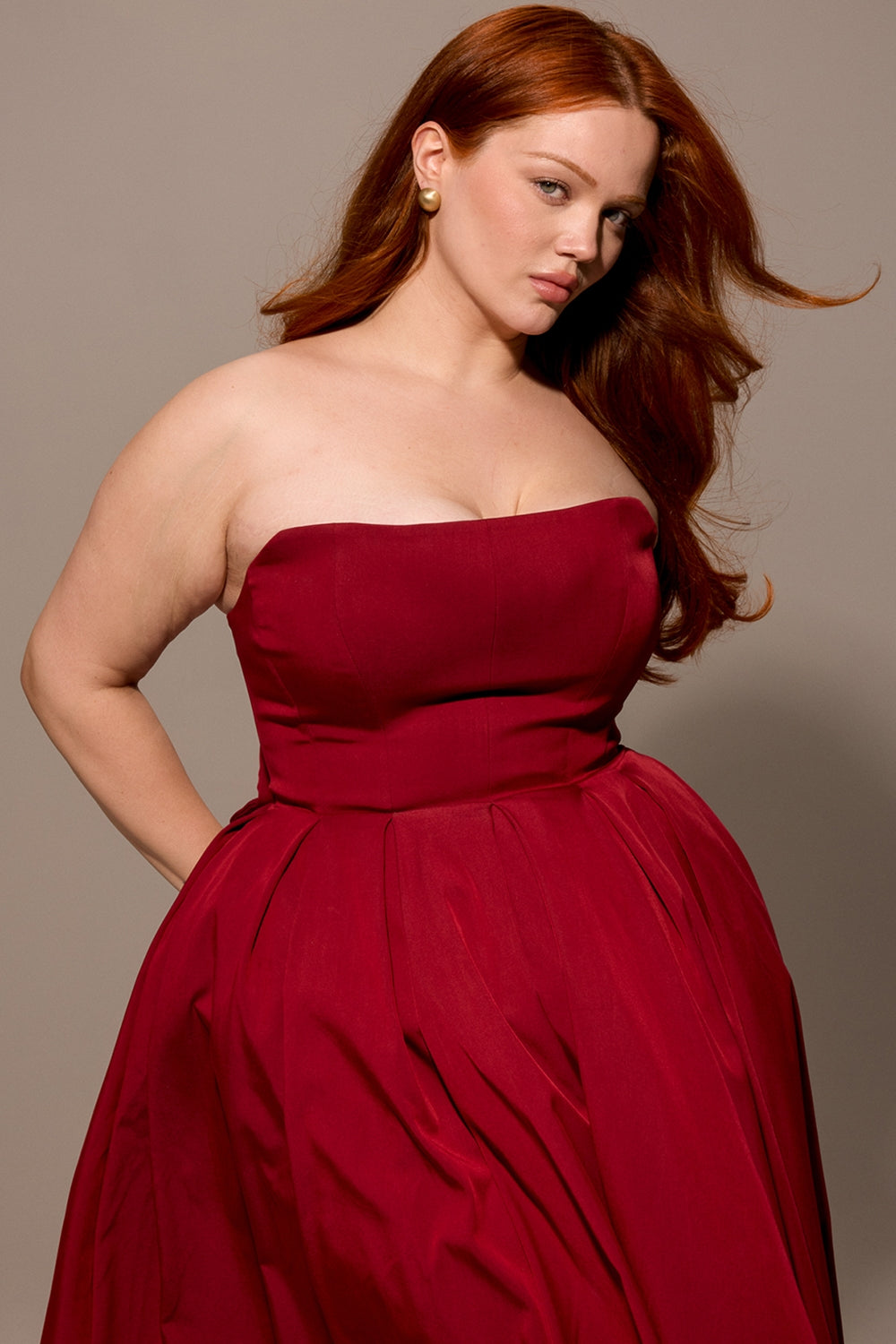 berry strapless detachable bow midi dress