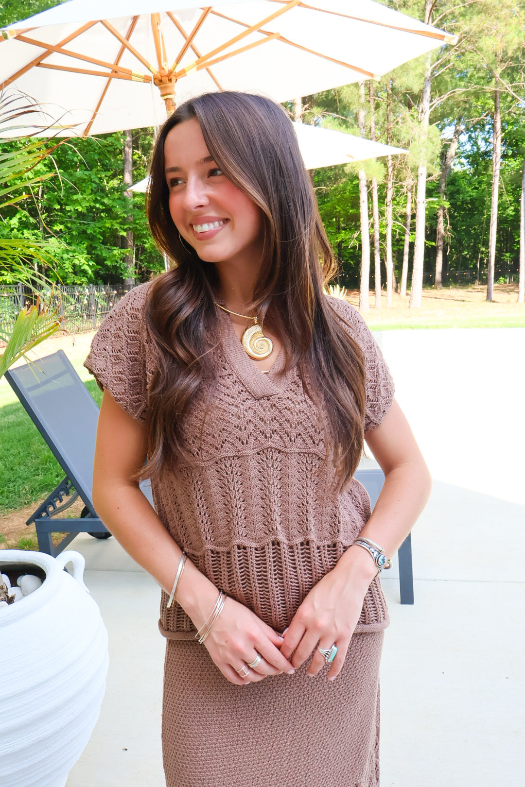 Brown Crochet Sweater & Midi Skirt Set