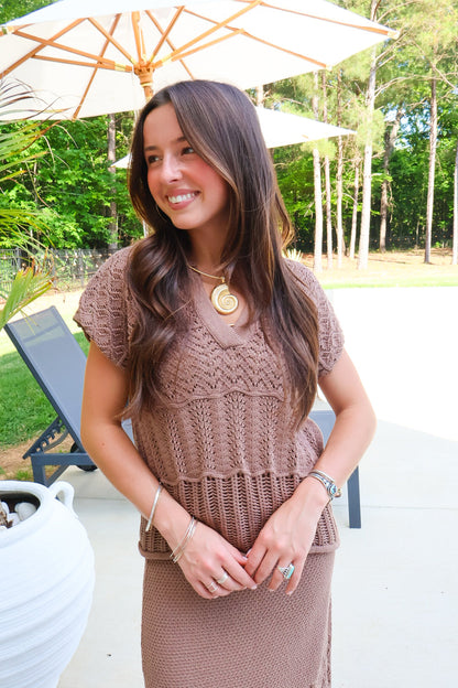 Brown Crochet Sweater & Midi Skirt Set