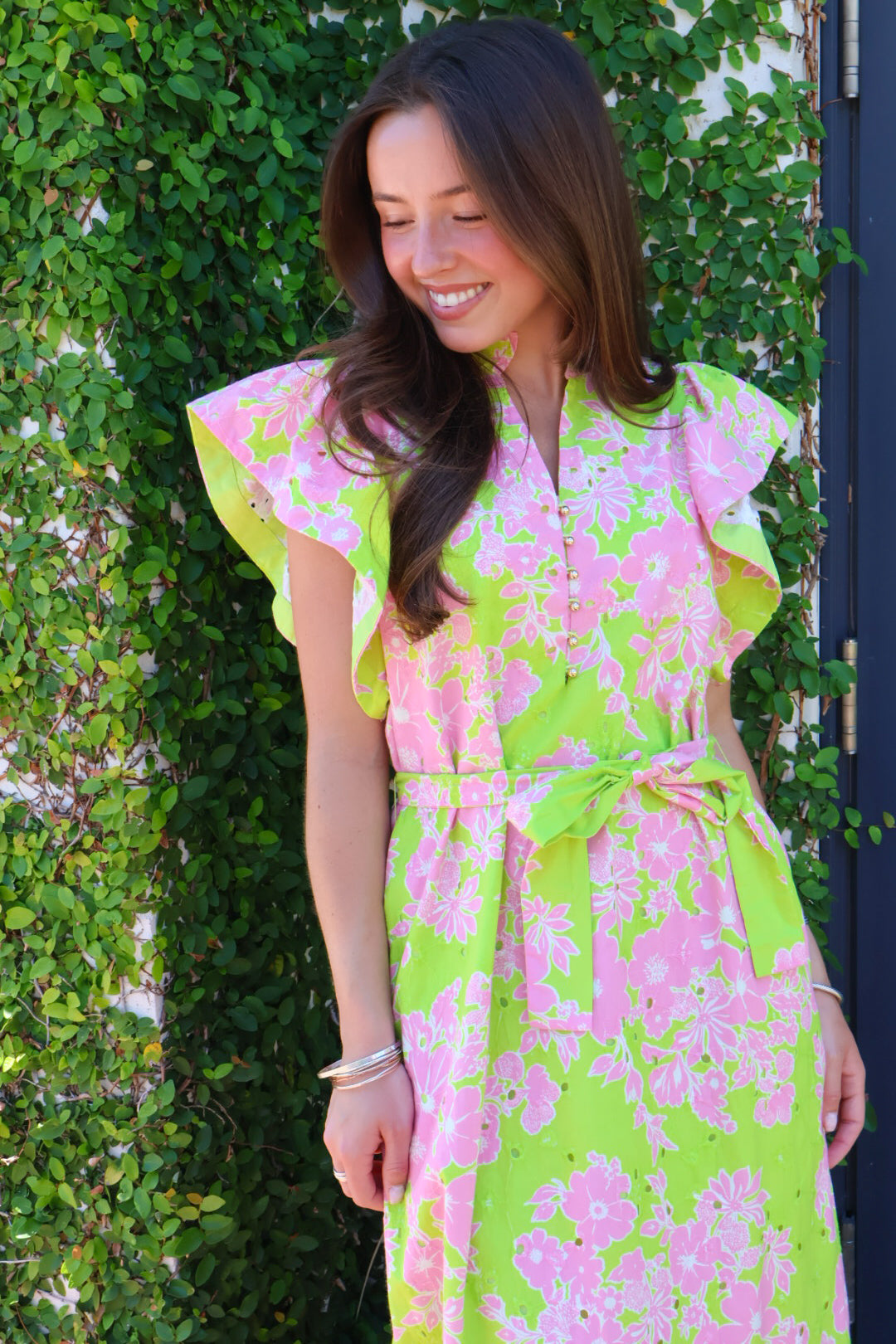 Eyelet Floral Belted Midi Dress - Lime Green