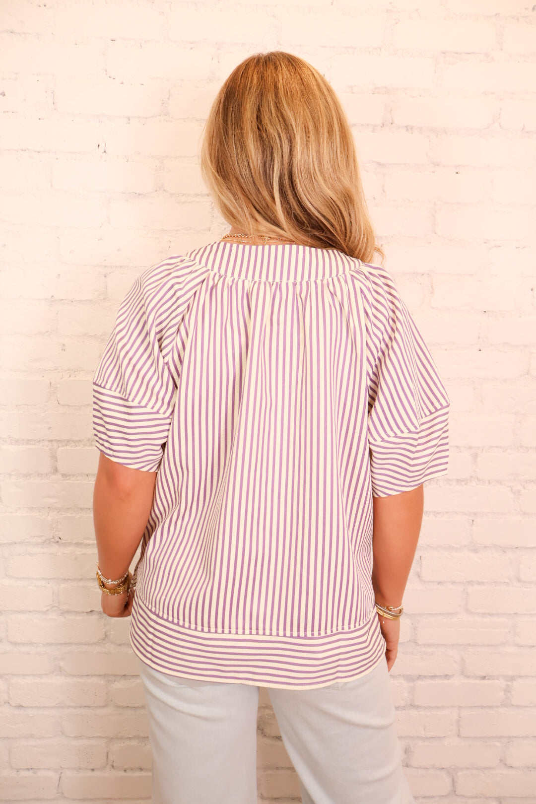 Relaxed Striped V-Neck Top - Lavender