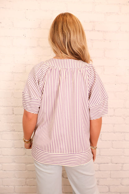Relaxed Striped V-Neck Top - Lavender