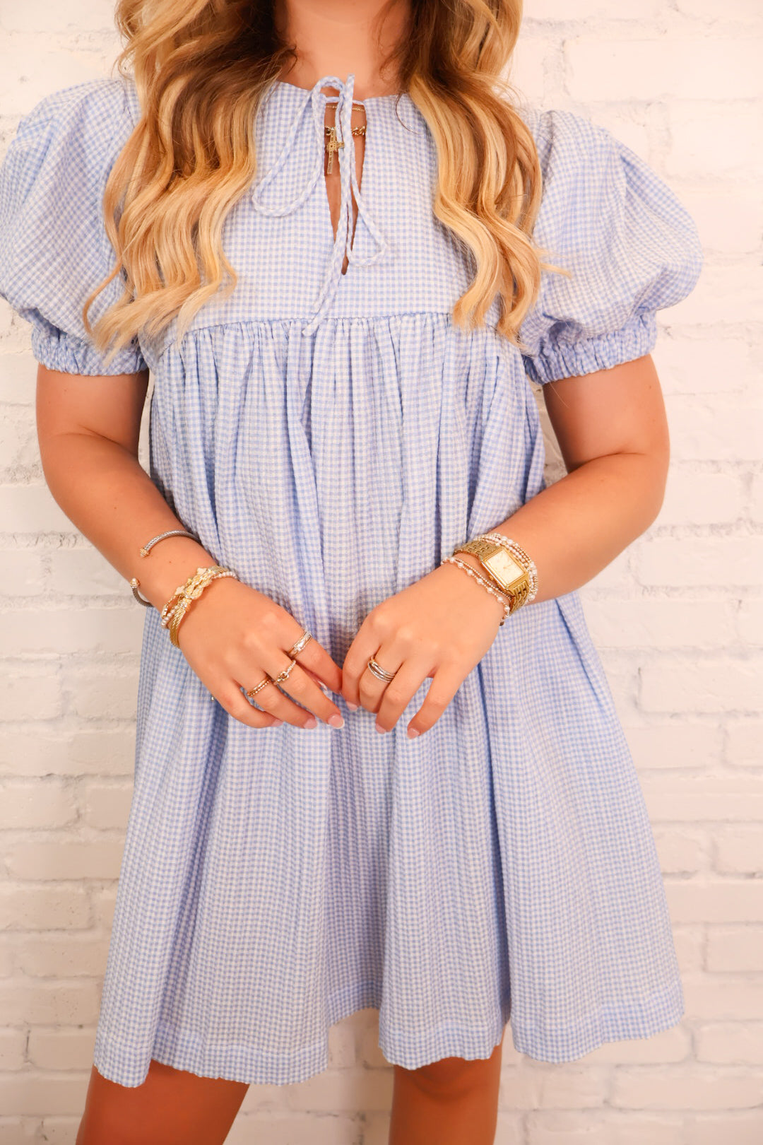 Gingham Babydoll Dress - Blue